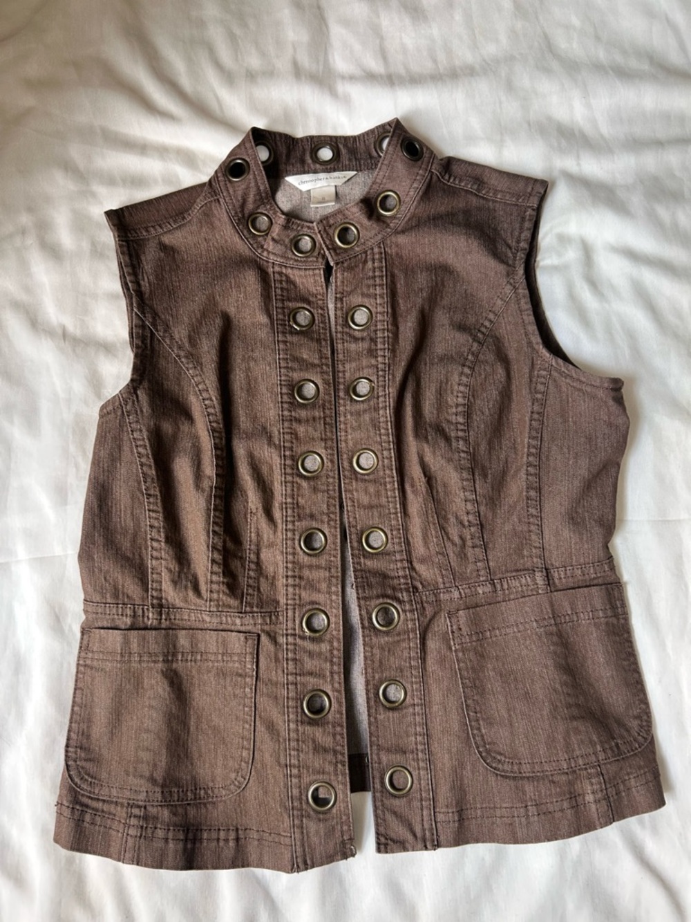Sleeveless hook Small Vest in Brown Gold Grommets Christopher & Banks Y2K Vtg